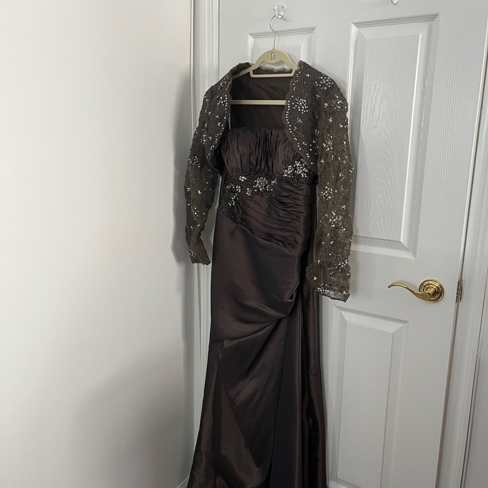 Stunning iridescent brown strapless gown with custom bolero jacket. MOB, MOG.